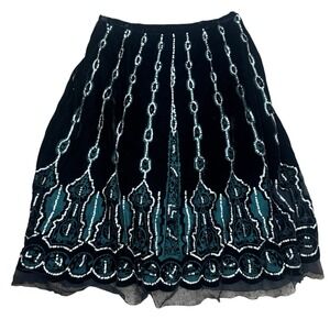 VTG Carole Little Velvet Skirt Size 16 Green Lining Black Velvet Sequin Beaded